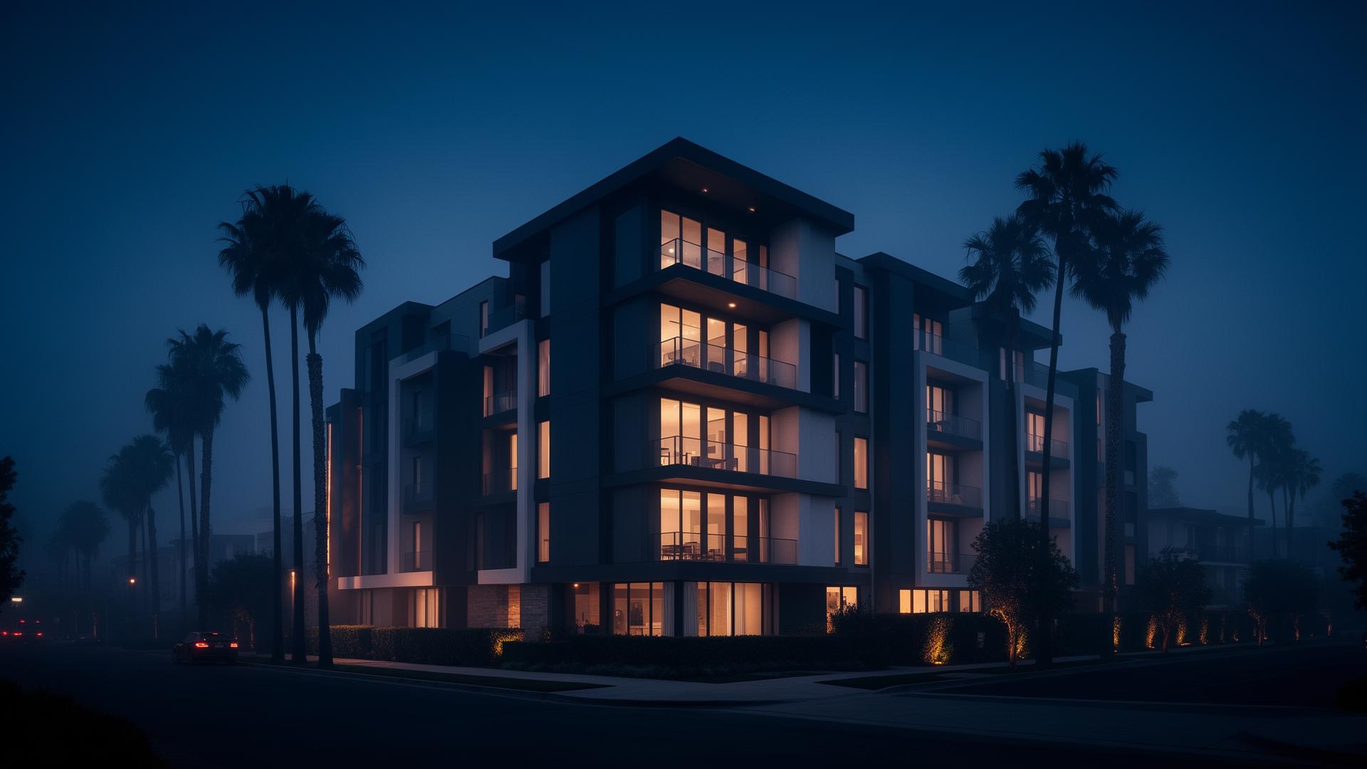 Modern Southern California multifamily property at dusk